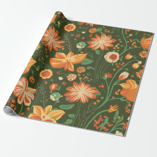 Vibrant Floral Pattern with Orange & Yellow Blooms Wrapping Paper