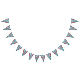 Vibrant floral pattern with turquoise flowers, red bunting