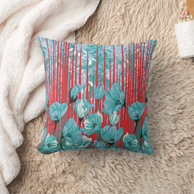 Vibrant floral pattern with turquoise flowers, red cushion (Blanket)