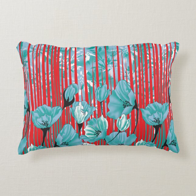 Vibrant floral pattern with turquoise flowers, red decorative cushion (Front)