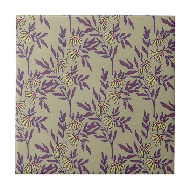 Vibrant Floral Pattern with Yellow Daisies  Tile (Front)