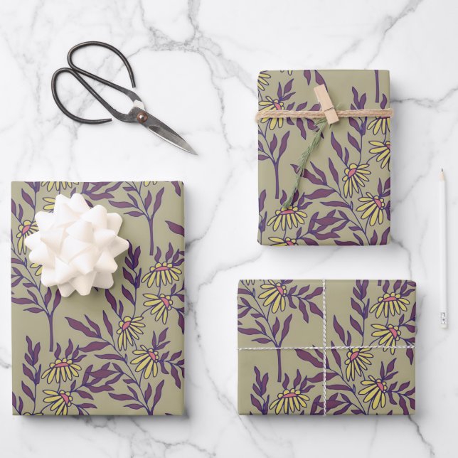 Vibrant Floral Pattern with Yellow Daisies  Wrapping Paper Sheet (Front)