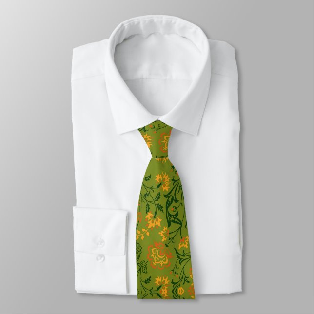  Vibrant Floral Pattern: Yellow and Orange Flowers Tie (Tied)