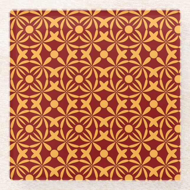 Vibrant Floral Pattern: Yellow Shapes on Red Back Glass Coaster (Front)