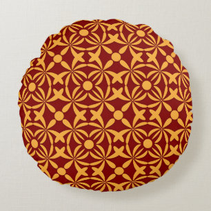 Vibrant Floral Pattern: Yellow Shapes on Red Back Round Cushion