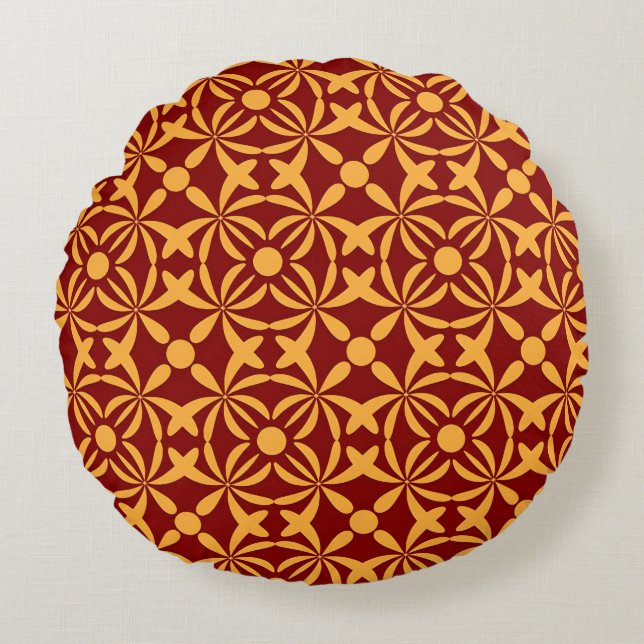 Vibrant Floral Pattern: Yellow Shapes on Red Back Round Cushion (Front)