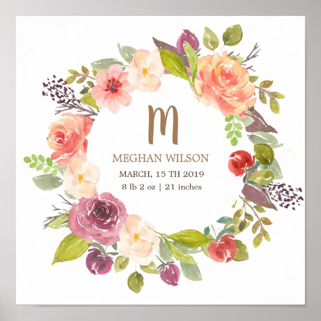 Vibrant  Floral | Personalized Baby Birth Poster (Front)