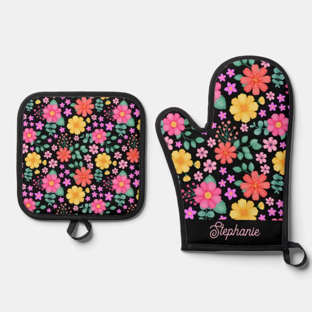 Vibrant Floral Pink Orange Yellow Personalised Oven Mitt & Pot Holder Set (Front)
