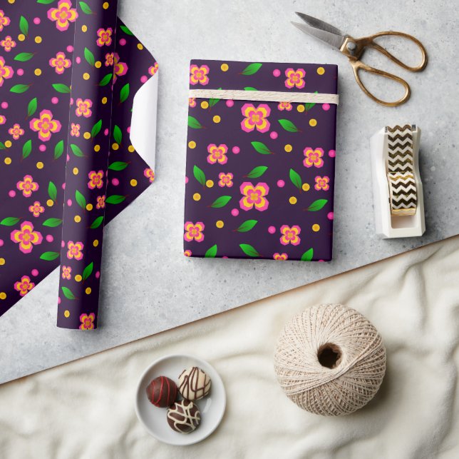 Vibrant Floral Seamless Pattern on deep purple Wrapping Paper (Crafts)