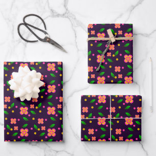 Vibrant Floral Seamless Pattern on deep purple Wrapping Paper Sheet