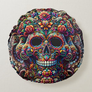 Vibrant Floral Super Sugar Skull Round Cushion