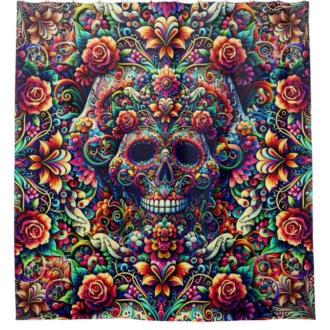 Vibrant Floral Super Sugar Skull Shower Curtain (Front)