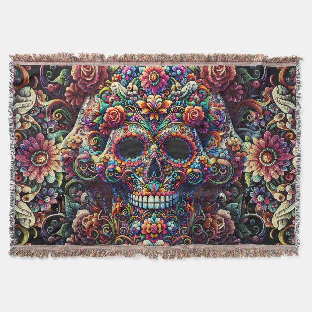 Vibrant Floral Super Sugar Skull Throw Blanket (Front)