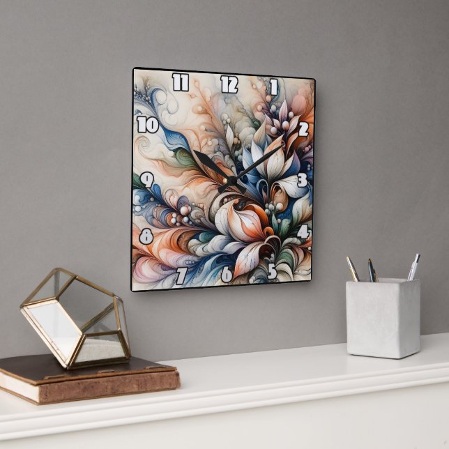 Vibrant Floral Swirl Artwork Square Wall Clock (Office)