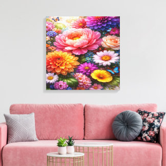 Vibrant Floral Symphony with Butterflies Canvas Print