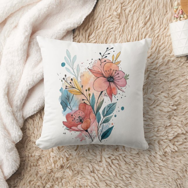Vibrant Floral Watercolor Design Cushion (Blanket)