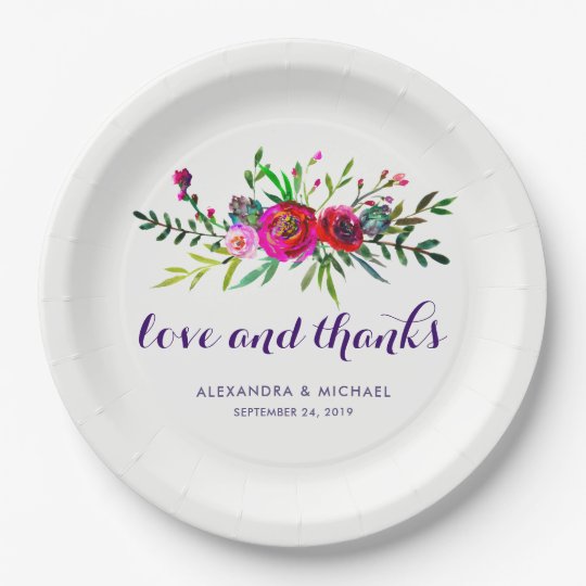 Vibrant Floral Watercolor Wedding Love and Thanks Paper Plate