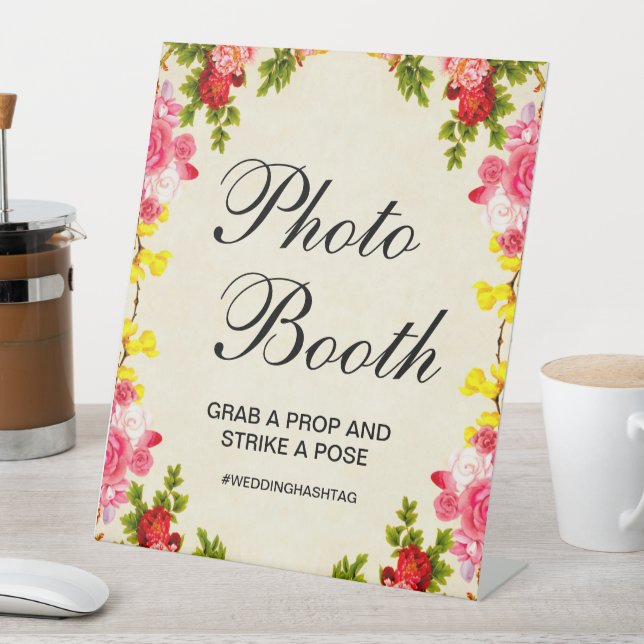 Vibrant Floral Wedding Photo Booth Pedestal Sign (In SItu)