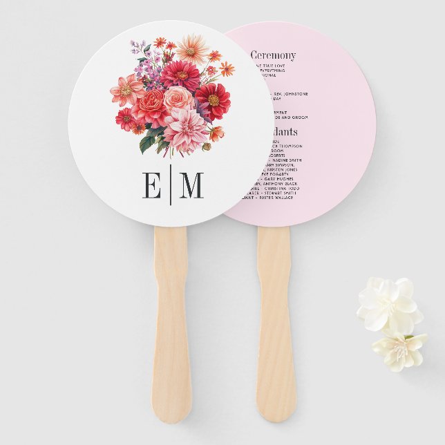 Vibrant Floral Wedding Program Hand Fan (Front and Back)