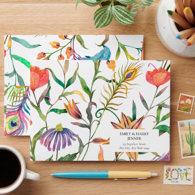 Vibrant Floral Wildflowers Botanical Peacock Envelope (Desk)