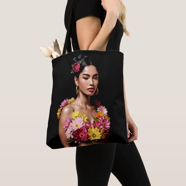 Vibrant Floral Woman Portrait Moody Art Tote Bag (Close Up)