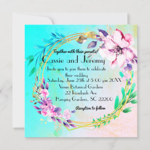 Vibrant floral wreath wedding invitation