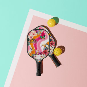 Vibrant Flow   Funky Retro Tropical Monogram  Pickleball Paddle