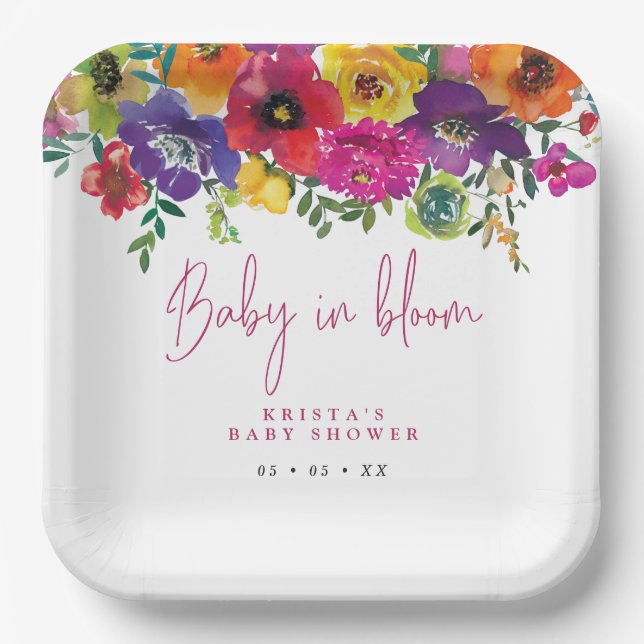 Vibrant Flowers Baby In Bloom Baby Shower Paper Plate (Front)
