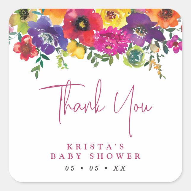 Vibrant Flowers Baby Shower Thank You Square Sticker (Front)