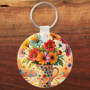 Vibrant Flowers, Colourful Polka Dots, Key Ring