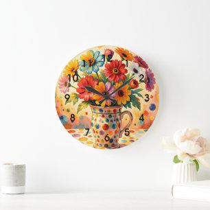 Vibrant Flowers, Colourful Polka Dots, Large Clock