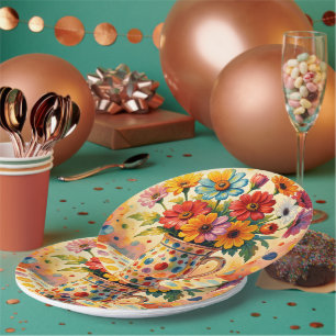 Vibrant Flowers, Colourful Polka Dots, Paper Plate