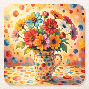 Vibrant Flowers, Colourful Polka Dots, Square Paper Coaster