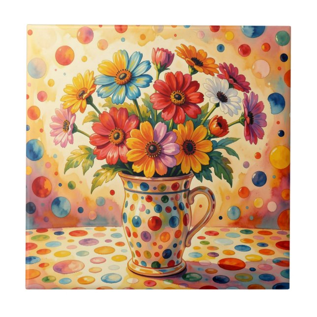 Vibrant Flowers, Colourful Polka Dots, Tile (Front)