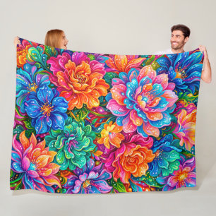 Vibrant Flowers Dreamscape – Psychedelic Boho Fleece Blanket