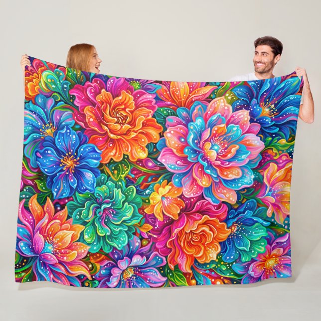 Vibrant Flowers Dreamscape – Psychedelic Boho Fleece Blanket (In Situ)