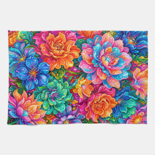 Vibrant Flowers Dreamscape – Psychedelic Boho Tea Towel