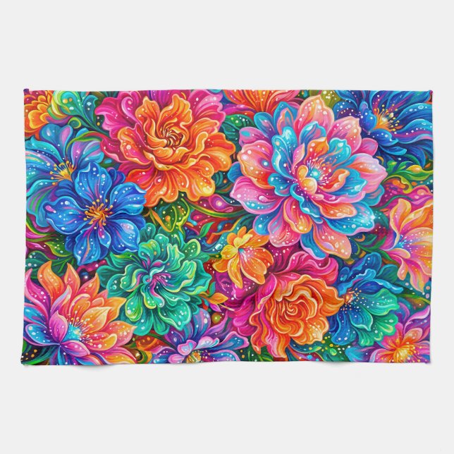 Vibrant Flowers Dreamscape – Psychedelic Boho Tea Towel (Horizontal)