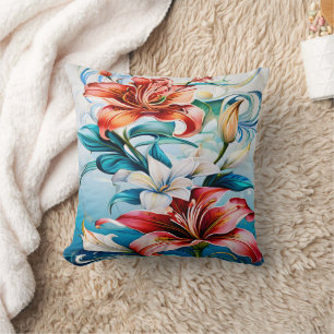 Vibrant Flowers in Bloom Surrounded by Swirls Cushion