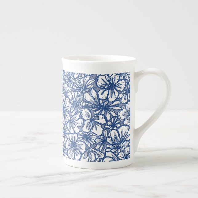 Vibrant Flowers in Blue and White Bone China Mug (Right)