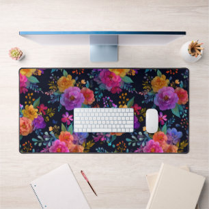 Vibrant Flowers on Black Elegant Vintage Floral  Desk Mat