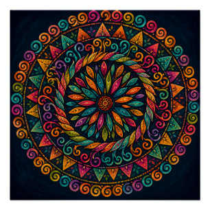 VIBRANT FOLK ART FLORAL MANDALA CIRCULAR BOTANICAL POSTER
