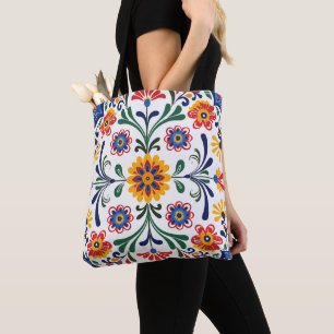 Vibrant Folk Art Floral Pattern Tote Bag Traditi