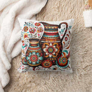 Vibrant folk art pottery with intricate designs cushion