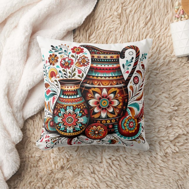 Vibrant folk art pottery with intricate designs cushion (Blanket)