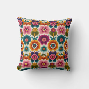 Vibrant Folk Art Retro Bohemian Floral Pattern Cushion