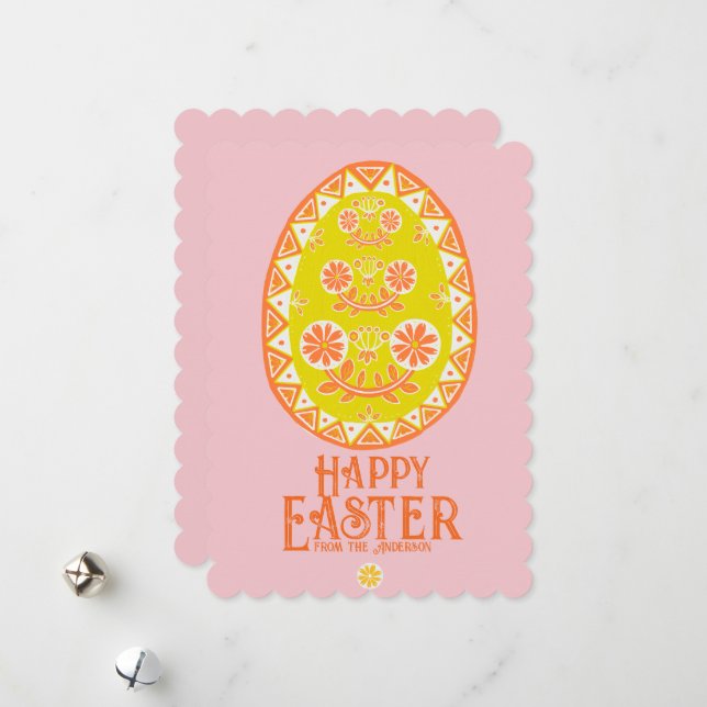 Vibrant Folk Art Traditional Yellow Easter Egg Holiday Card (Front/Back In Situ)