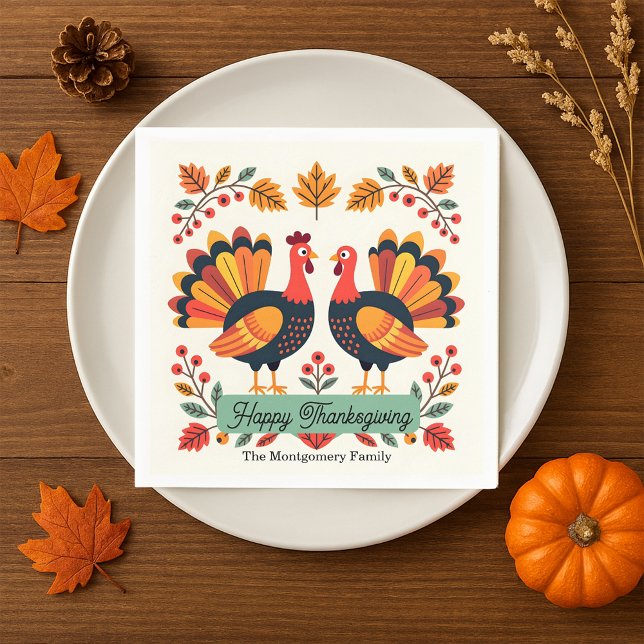 Vibrant Folk Art Turkeys Fall Leaves Thanksgiving Napkin (Creator Uploaded)