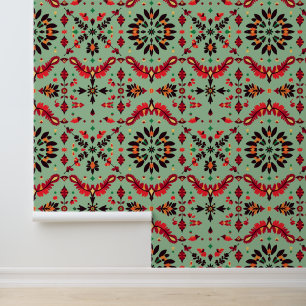 Vibrant Folk Floral Pattern on Green Background Wallpaper