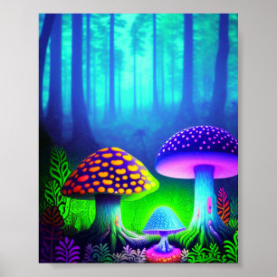 Vibrant forest dreamscape with whimsical mushrooms poster